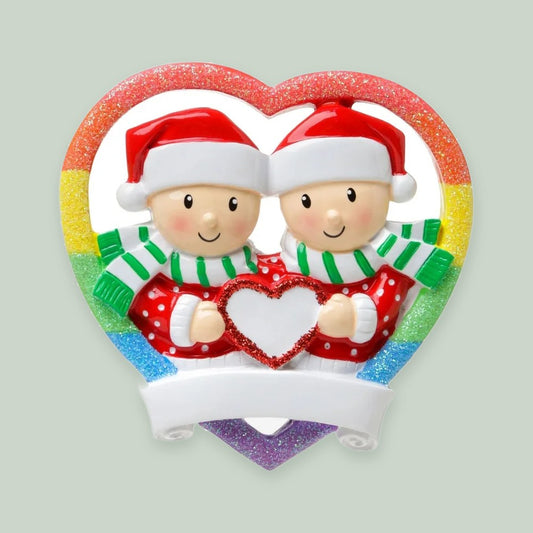 Rainbow Heart Couple ornament on a sage green background