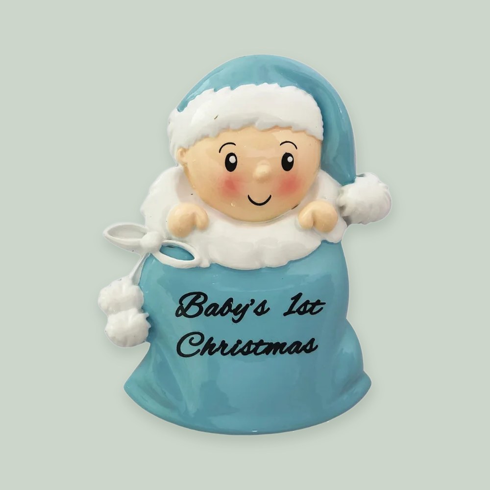 Baby Boy In Santa Sack-Blue ornament on a sage green background