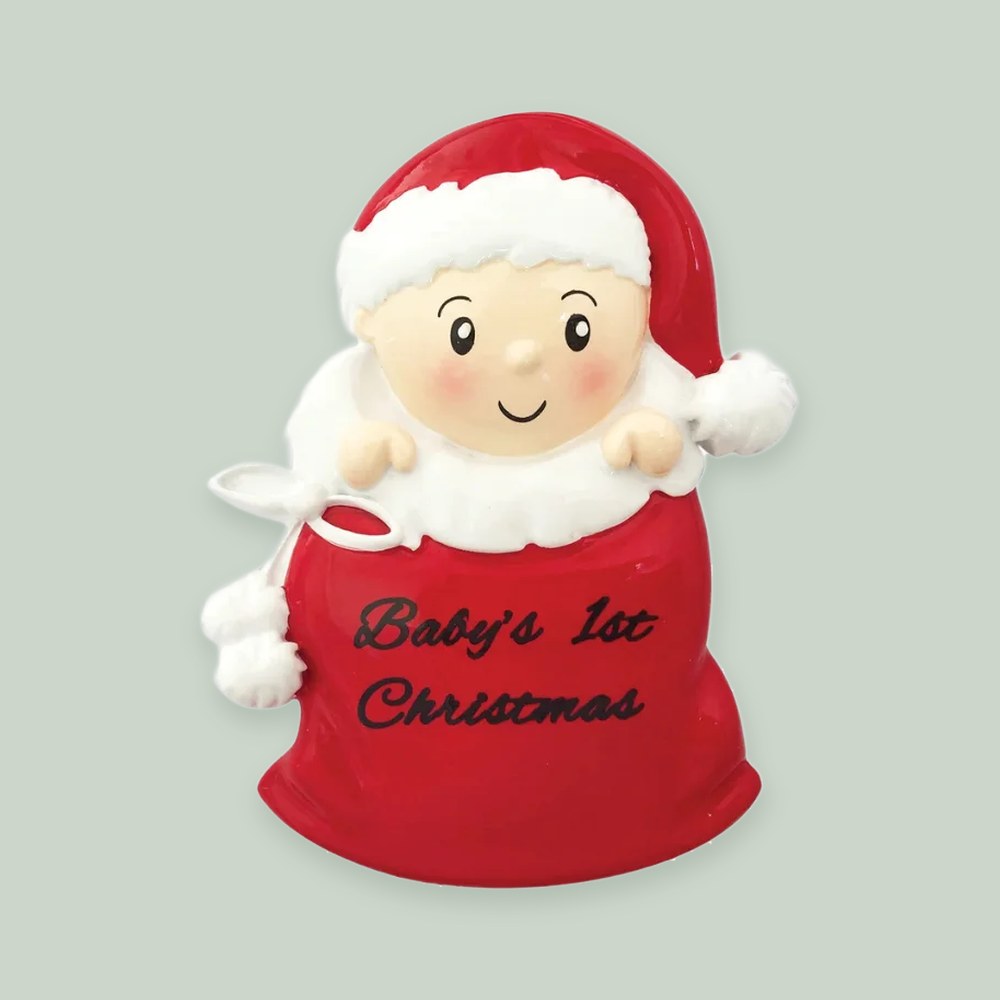 Baby In Santa Sack- Red ornament on a sage green background