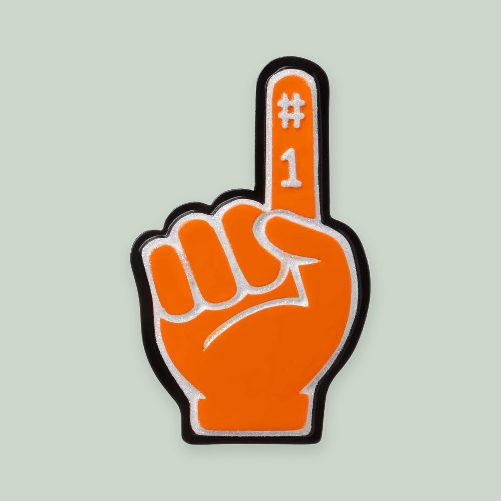 Foam Finger (Orange) ornament on a sage green background