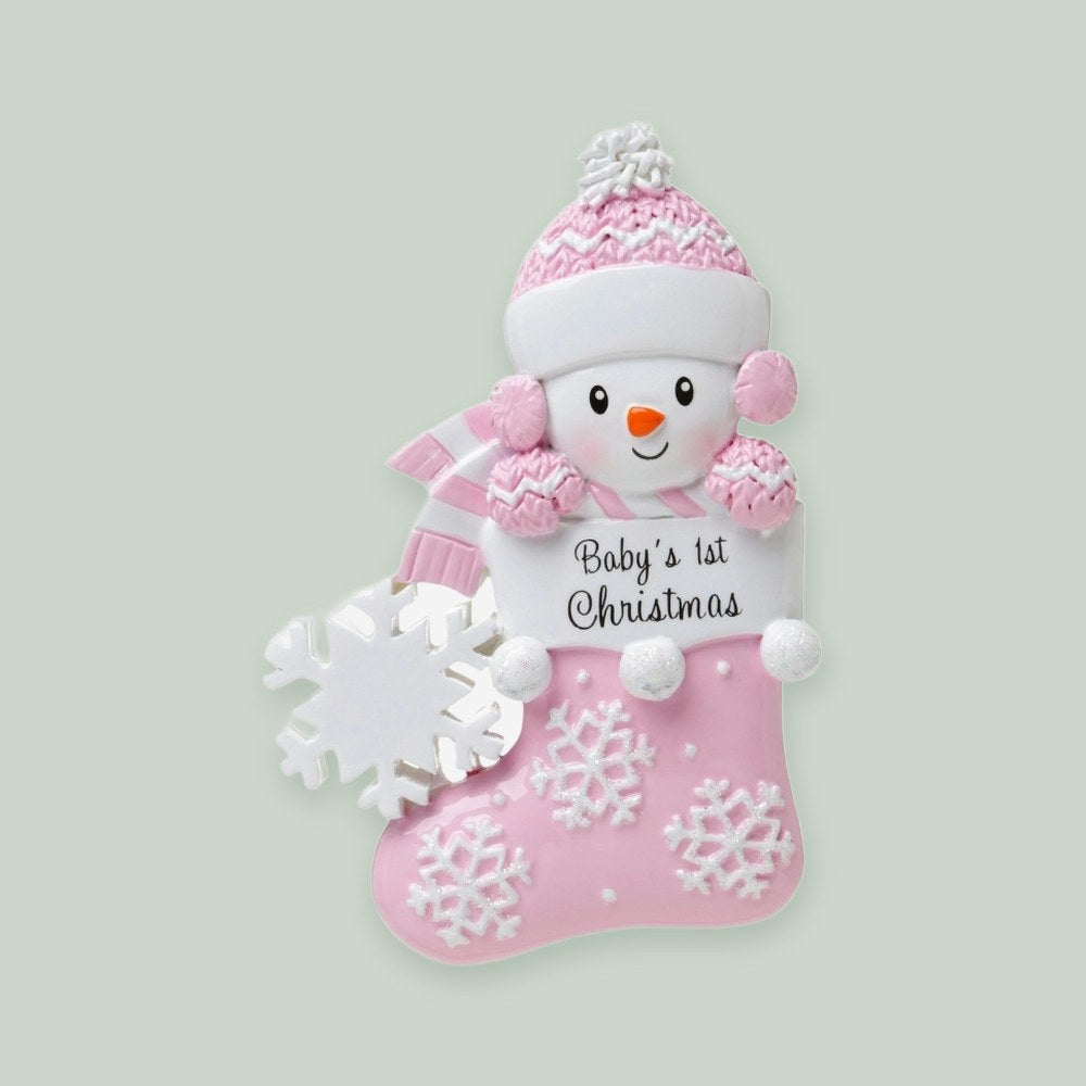 Baby Snowman in Stocking (Pink) ornament on a sage green background