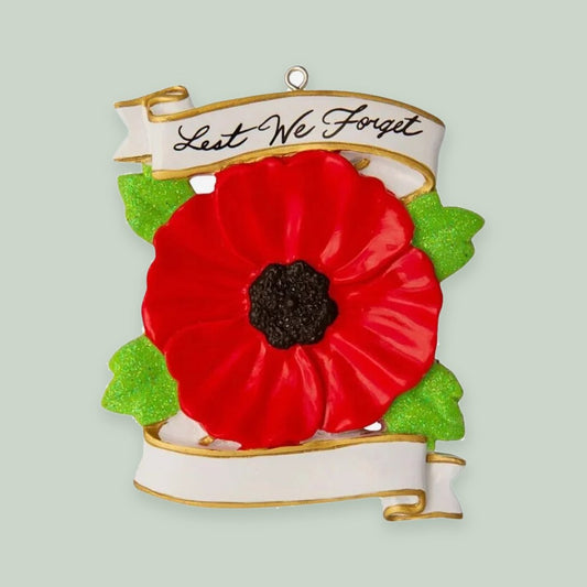 Canadian Poppy – Lest We Forget ornament on a sage green background