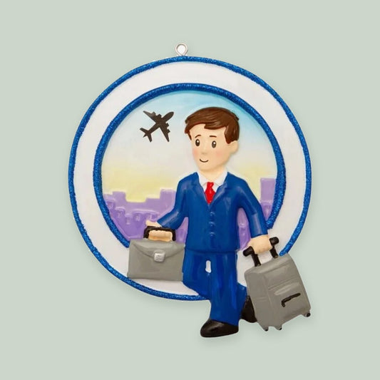 Business Traveler — Man ornament on a sage green background