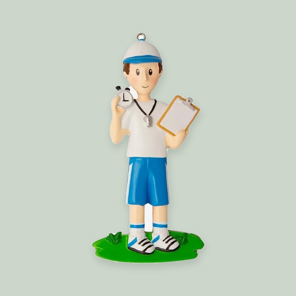 Coach with Whistle and Clipboard ornament on a sage green background