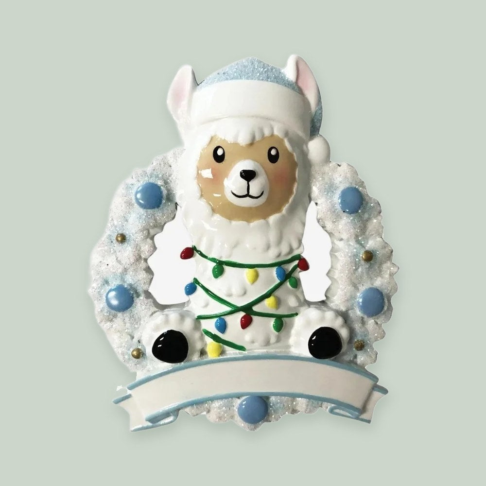 Llama In Wreath (Blue) ornament on a sage green background