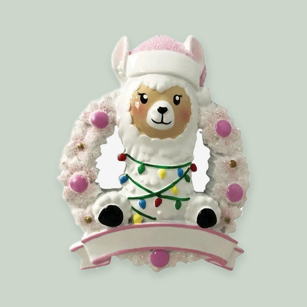 Llama In Wreath (Pink) ornament on a sage green background