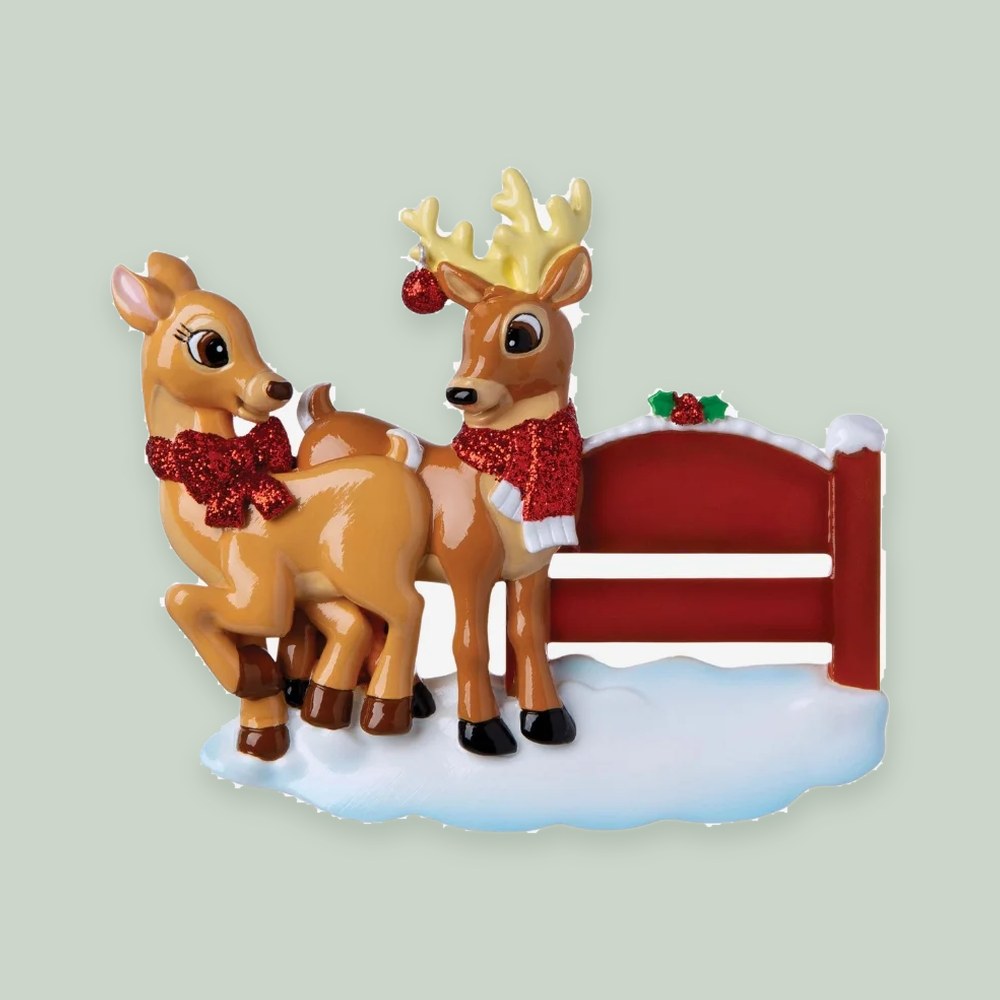 Reindeer Couple with Park Sign ornament on a sage green background