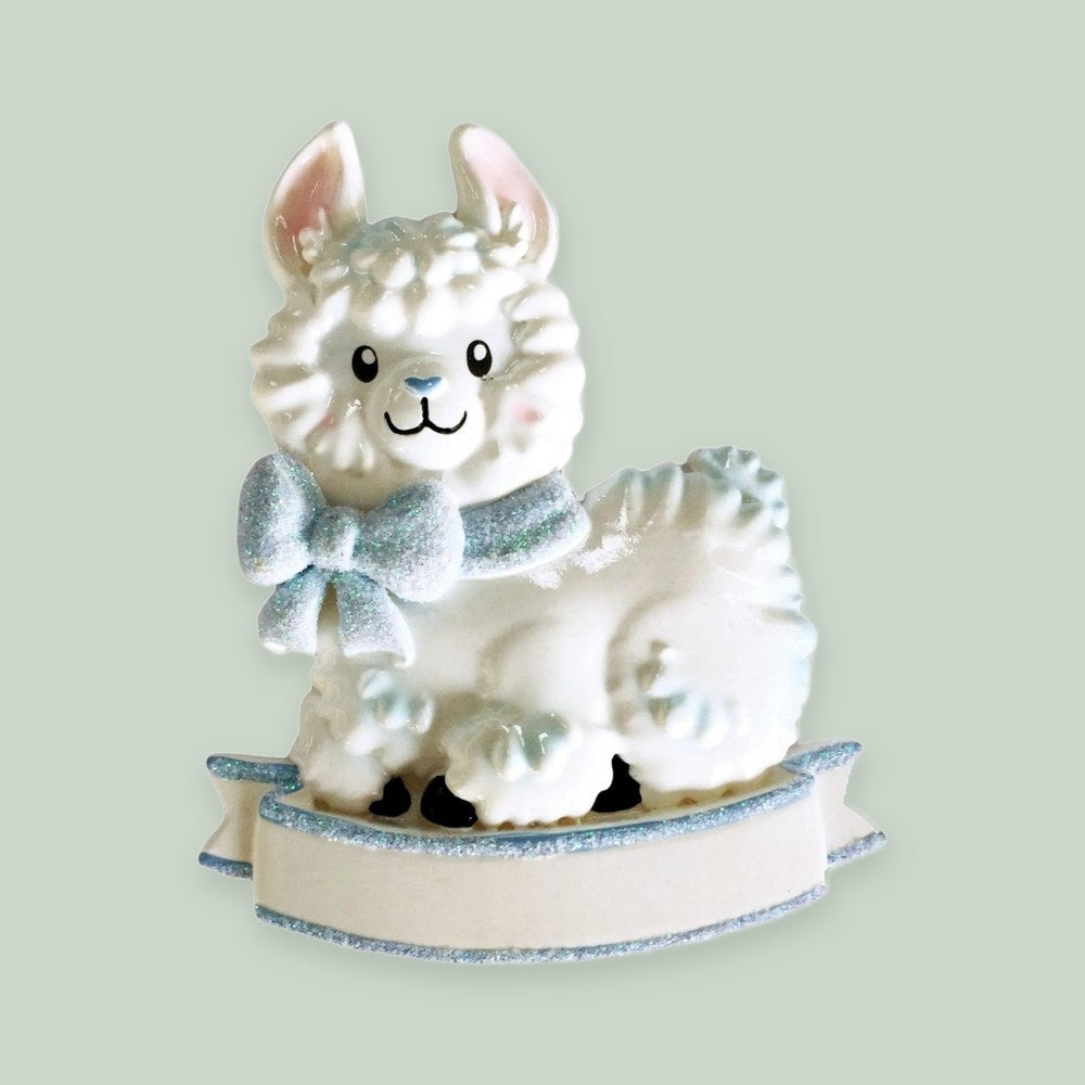 Baby Boy Llama (Light Blue) ornament on a sage green background