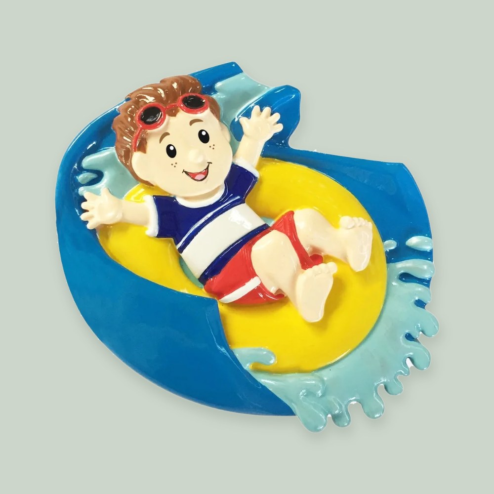 Water Slide Boy ornament on a sage green background