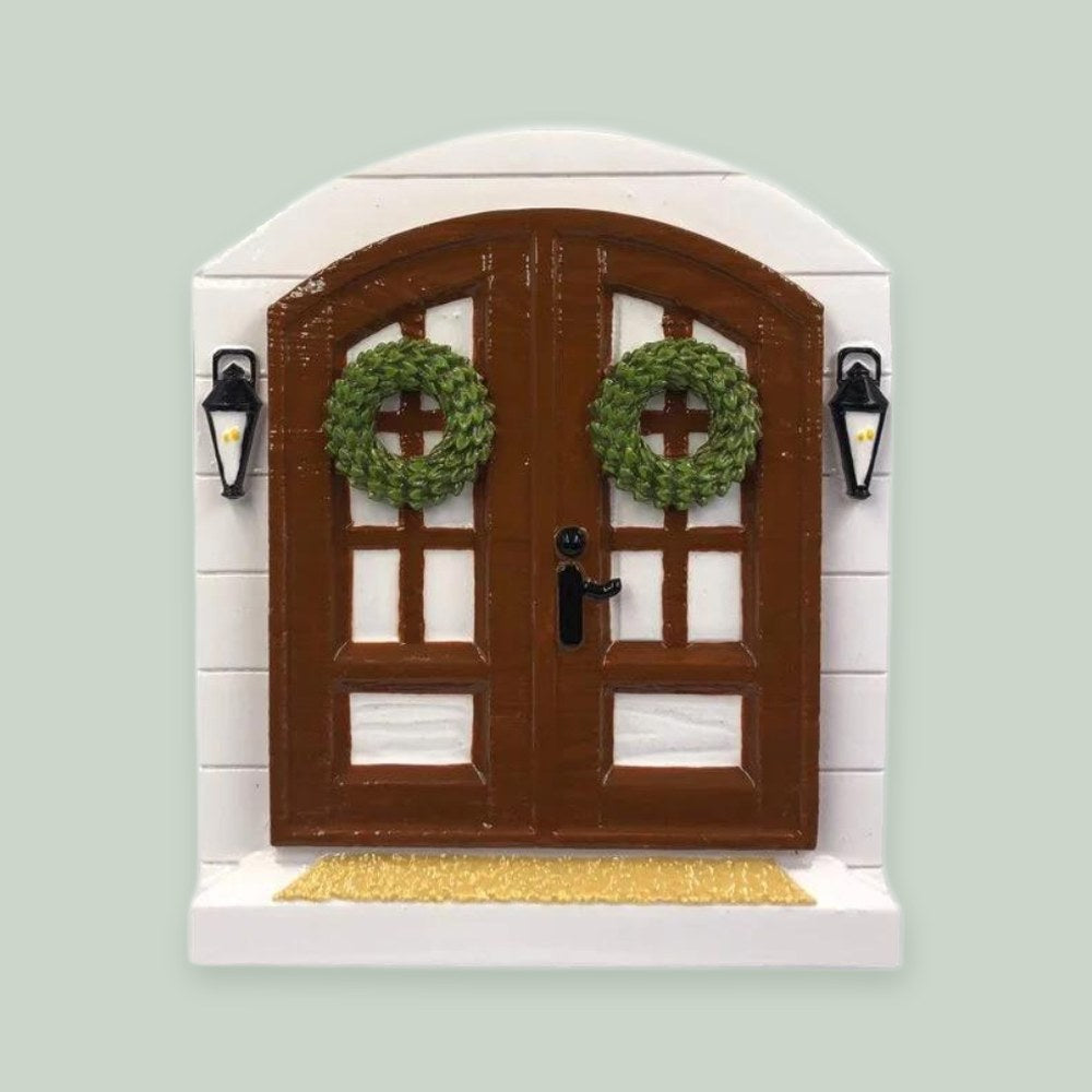 Farm House Door ornament on a sage green background