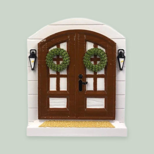 Farm House Door ornament on a sage green background