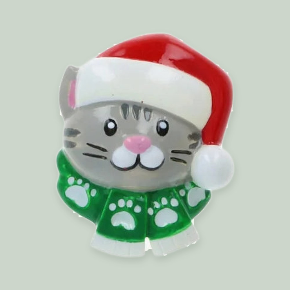 Santa Hat Cat Head Add-On — Gray Tabby — one piece on a sage background