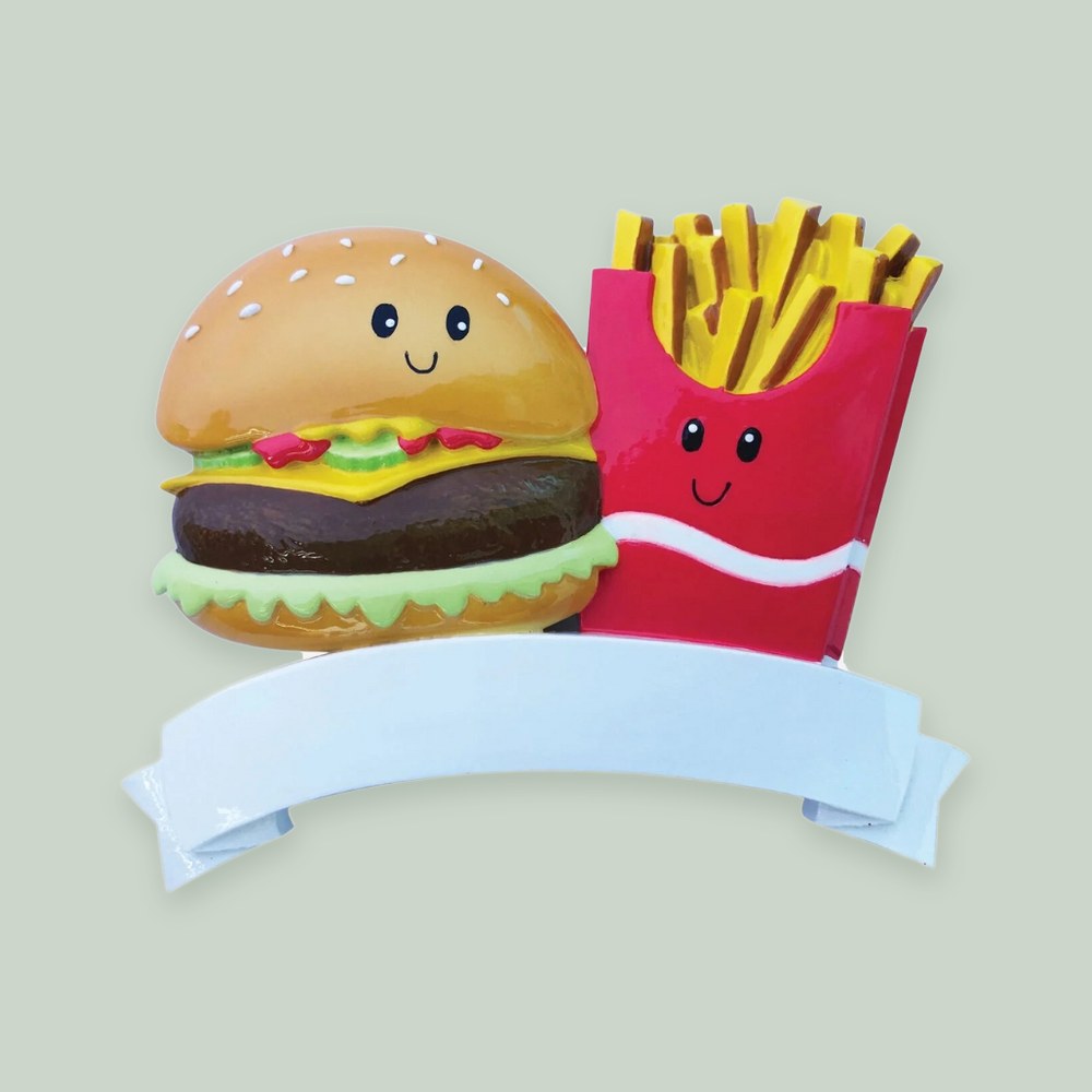Burger and Fries Couple ornament on a sage green background