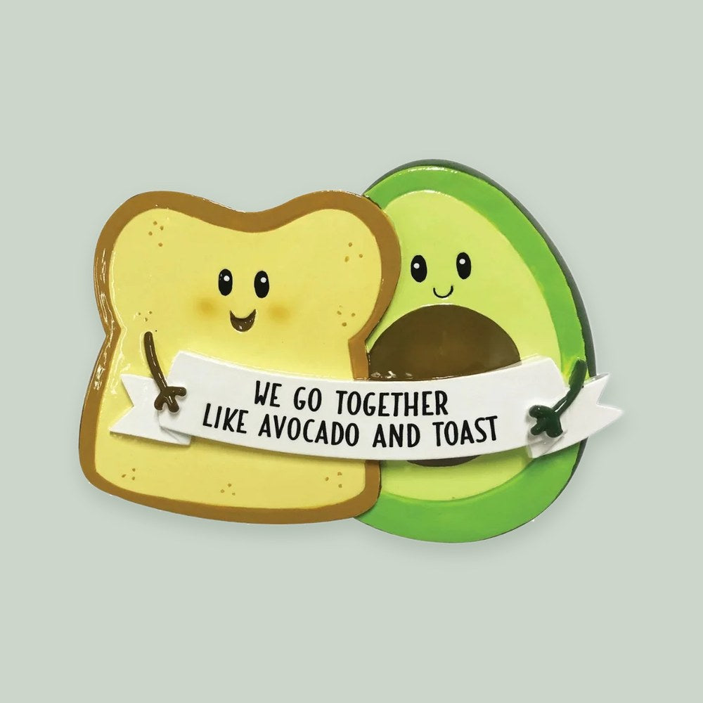 Avocado and Toast Couple ornament on a sage green background