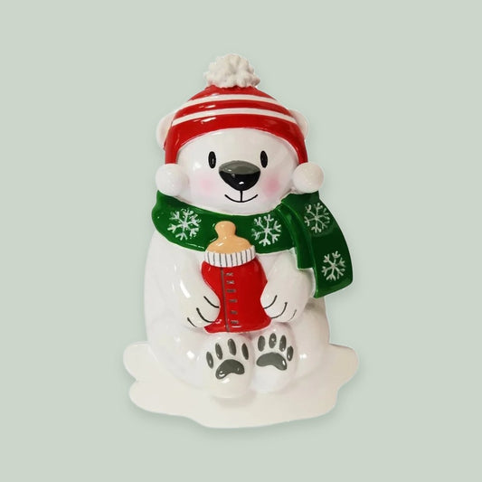 Baby Polar Bear (Red & Green) ornament on a sage green background