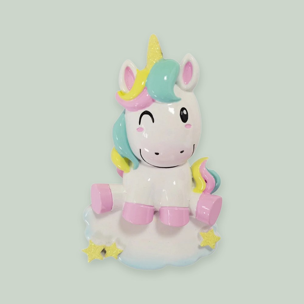 Rainbow Unicorn ornament on a sage green background