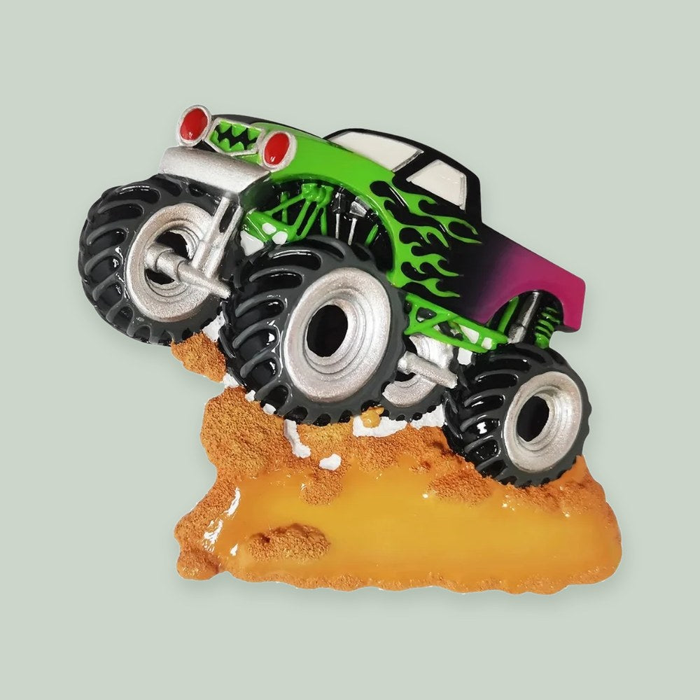 Monster Truck ornament on a sage green background