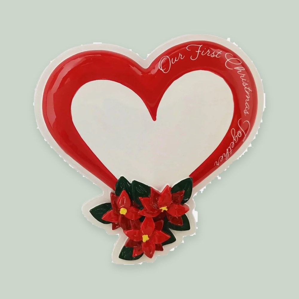 Our First Christmas Together Heart ornament on a sage green background