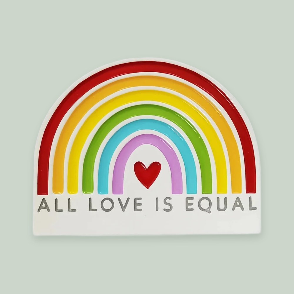 All Love Is Equal Rainbow ornament on a sage green background