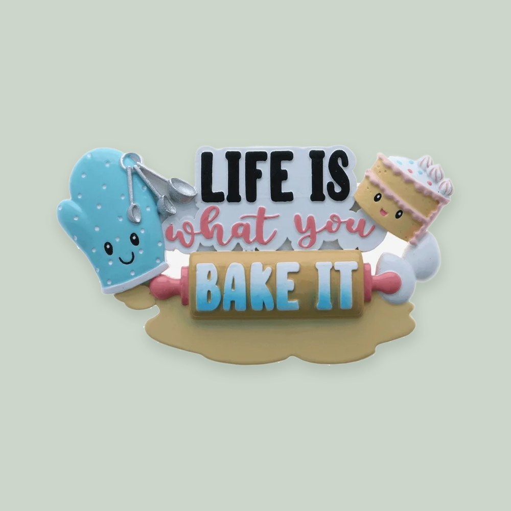Life is What You Bake it ornament on a sage green background