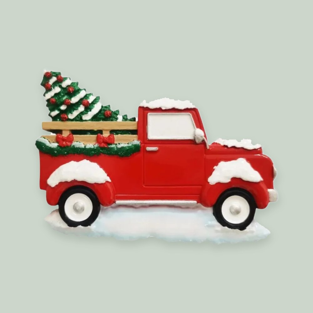 Red Truck with Xmas Tree ornament on a sage green background