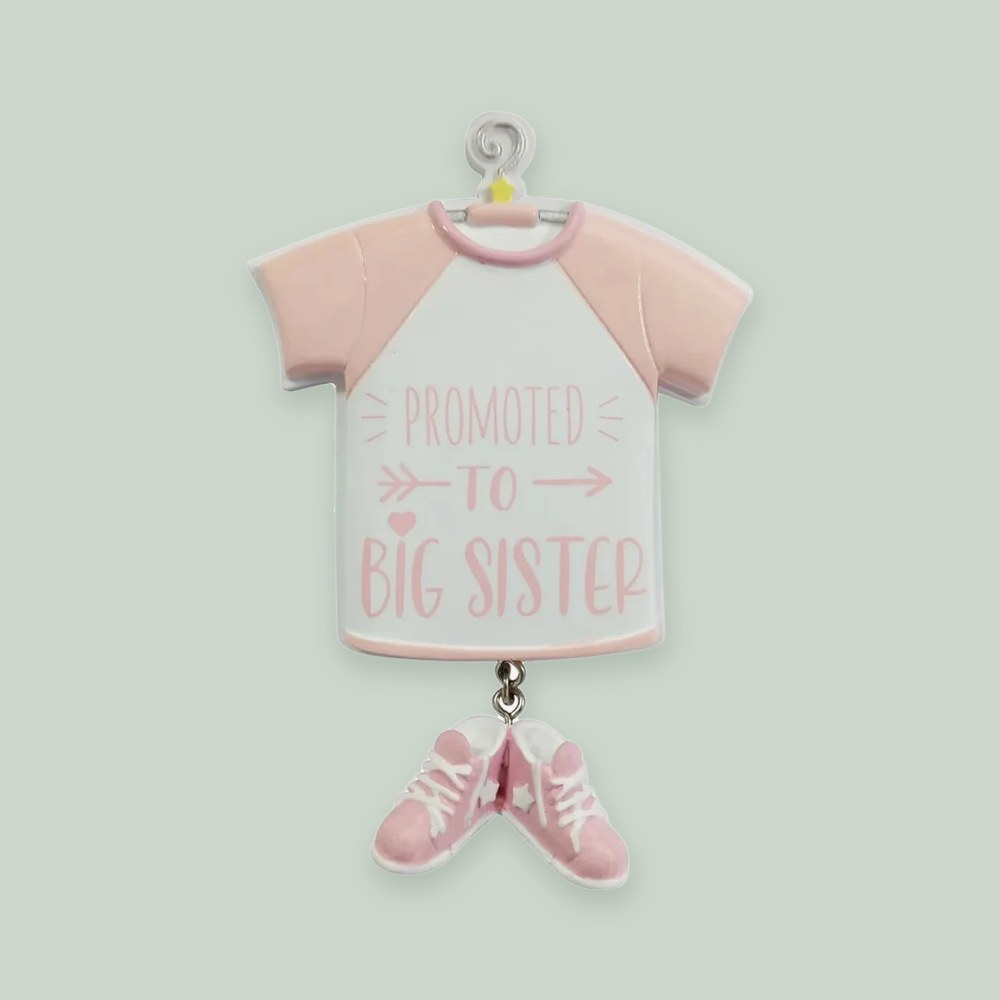 “Promoted to Big Sister” Big Sister ornament on a sage green background