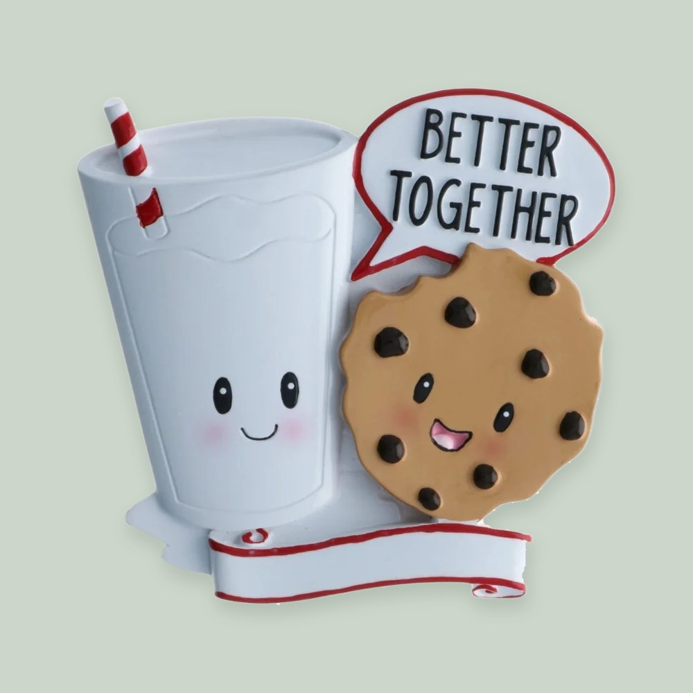 Better Together Milk and Cookies ornament on a sage green background