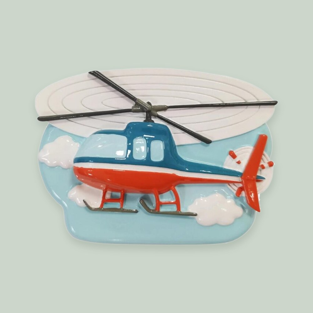 Helicopter ornament on a sage green background