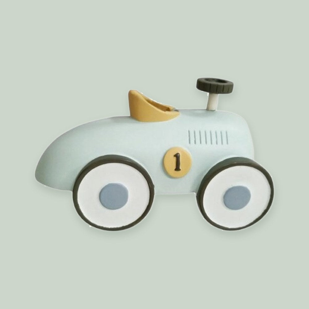 Vintage Race Car — Blue ornament on a sage green background