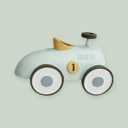 Vintage Race Car — Blue ornament on a sage green background
