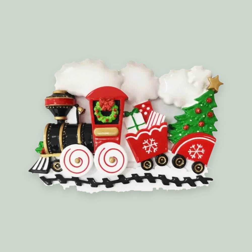 Nostalgic Train ornament on a sage green background