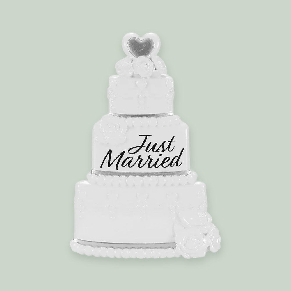 Just Married Wedding Cake ornament on a sage green background