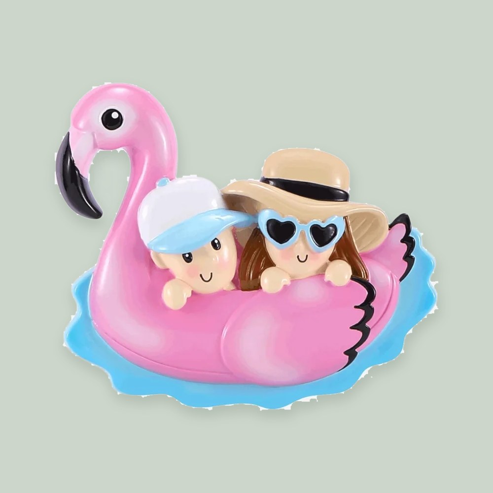 Pool Float Couple ornament on a sage green background
