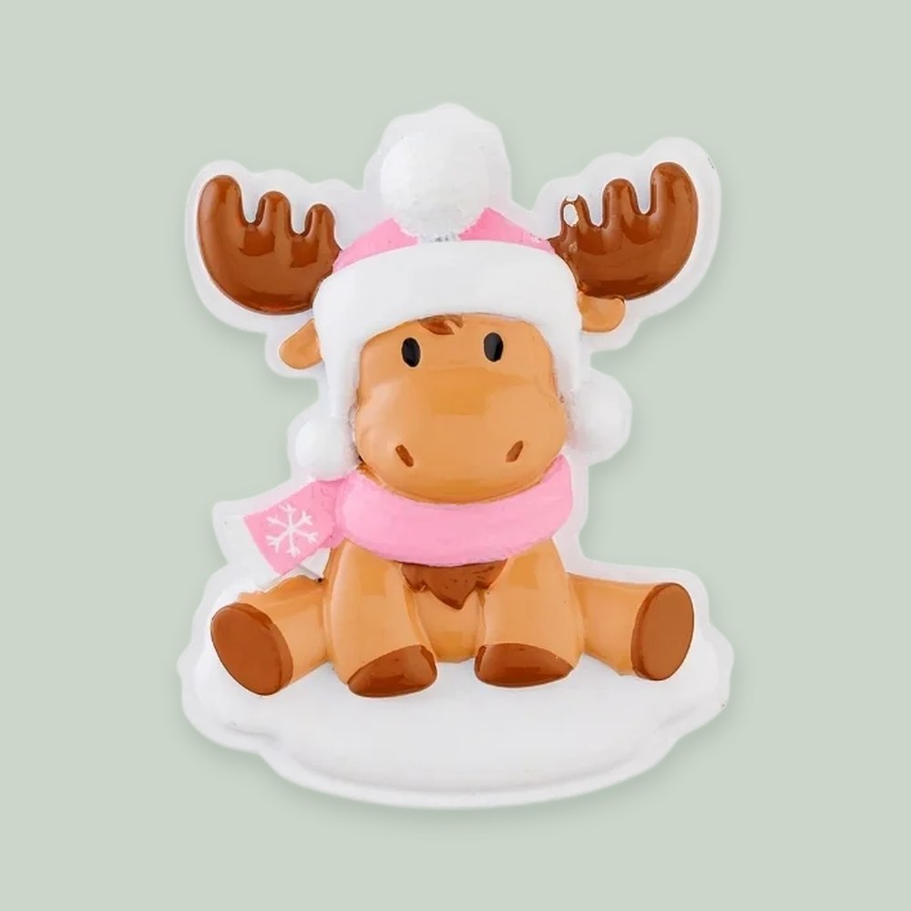 Moose Baby (Pink) ornament on a sage green background
