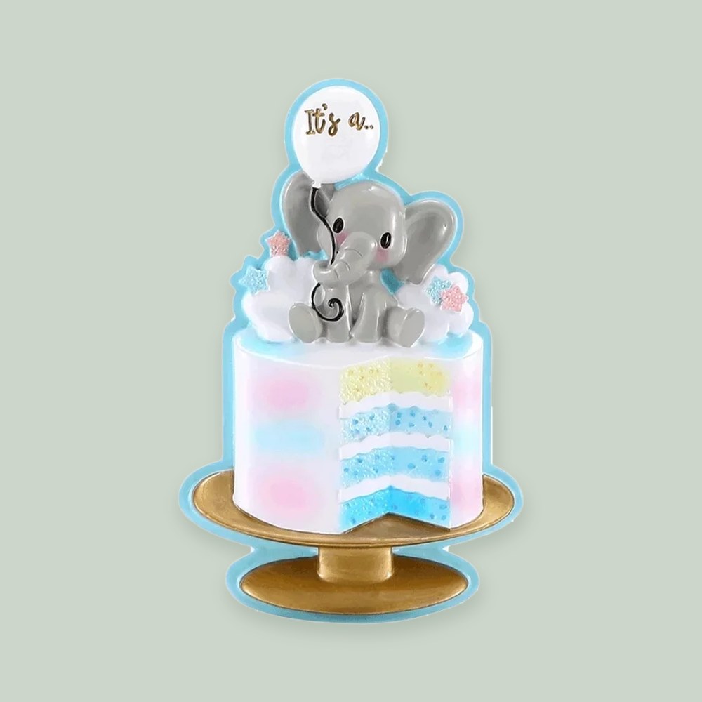 Gender Reveal Cake (Blue) ornament on a sage green background