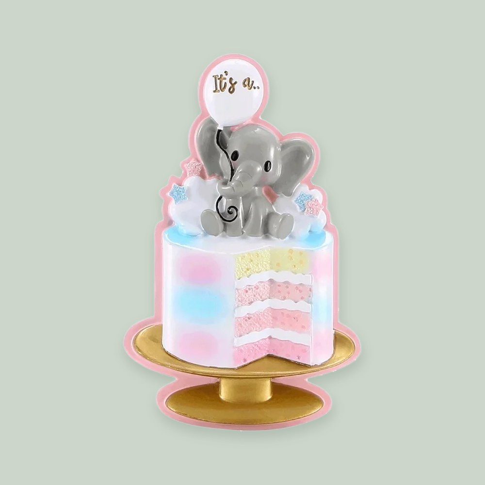 Gender Reveal Cake (Pink) ornament on a sage green background