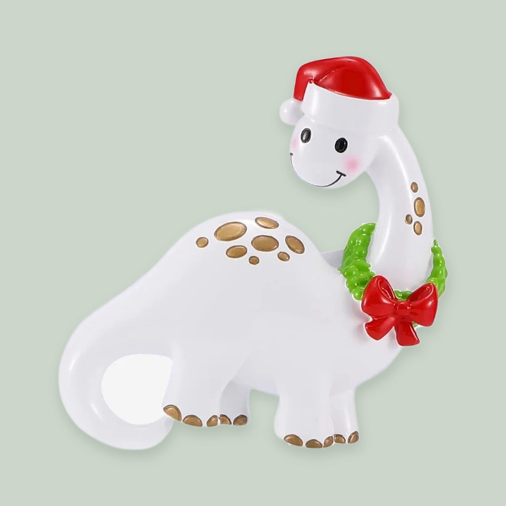 White Dino With Wreath ornament on a sage green background