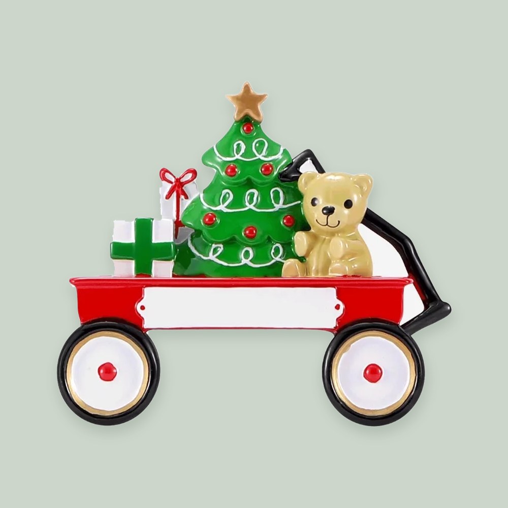 Red Wagon (3D) ornament on a sage green background
