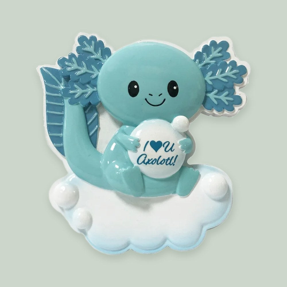 Blue Axolotl ornament on a sage green background