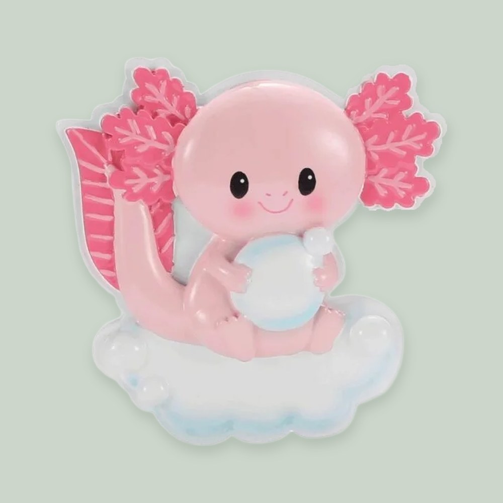 Pink Axolotl ornament on a sage green background
