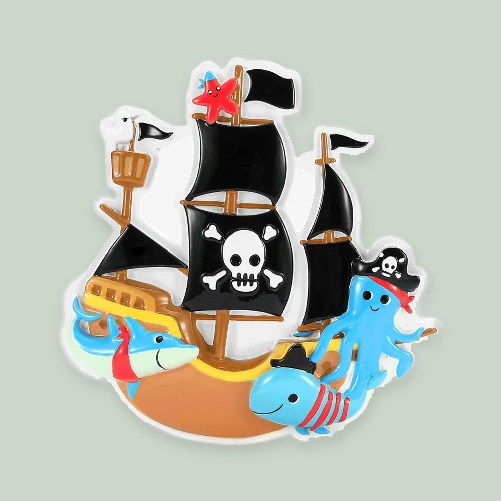 Pirate Ship ornament on a sage green background