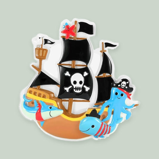 Pirate Ship ornament on a sage green background