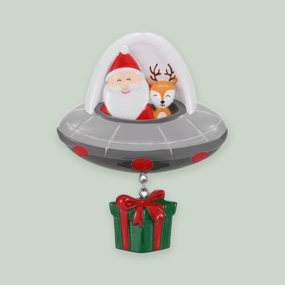 Santa & Reindeer in Spaceship ornament on a sage green background