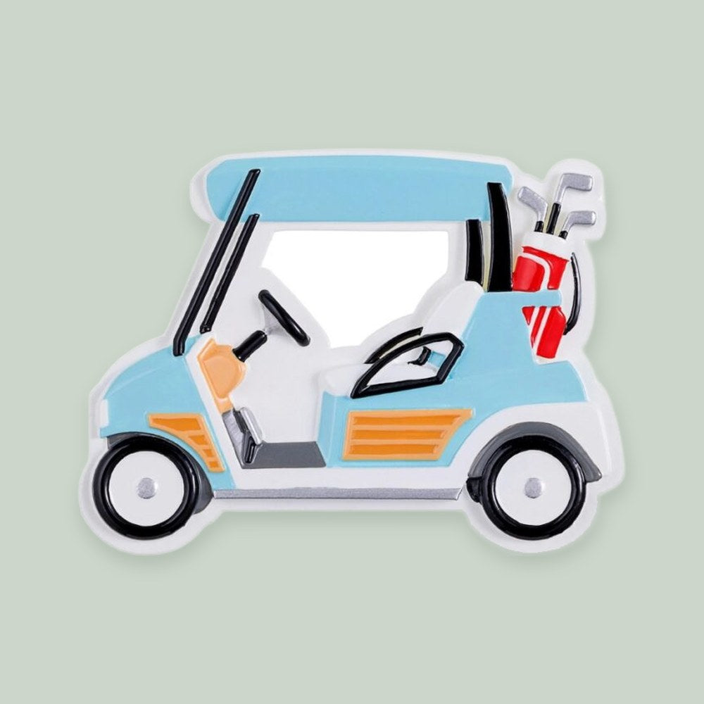 Golf Cart ornament on a sage green background