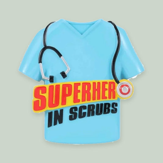 Superhero in Scrubs ornament on a sage green background