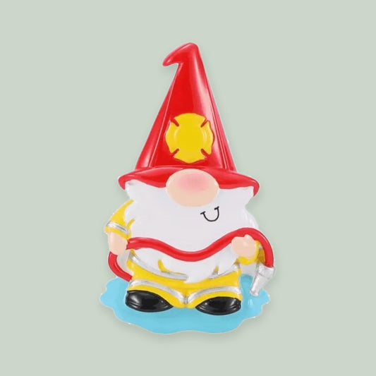 Firefighter Gnome ornament on a sage green background