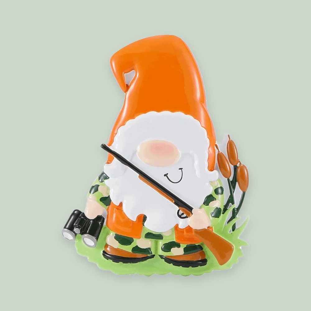Hunter Gnome ornament on a sage green background