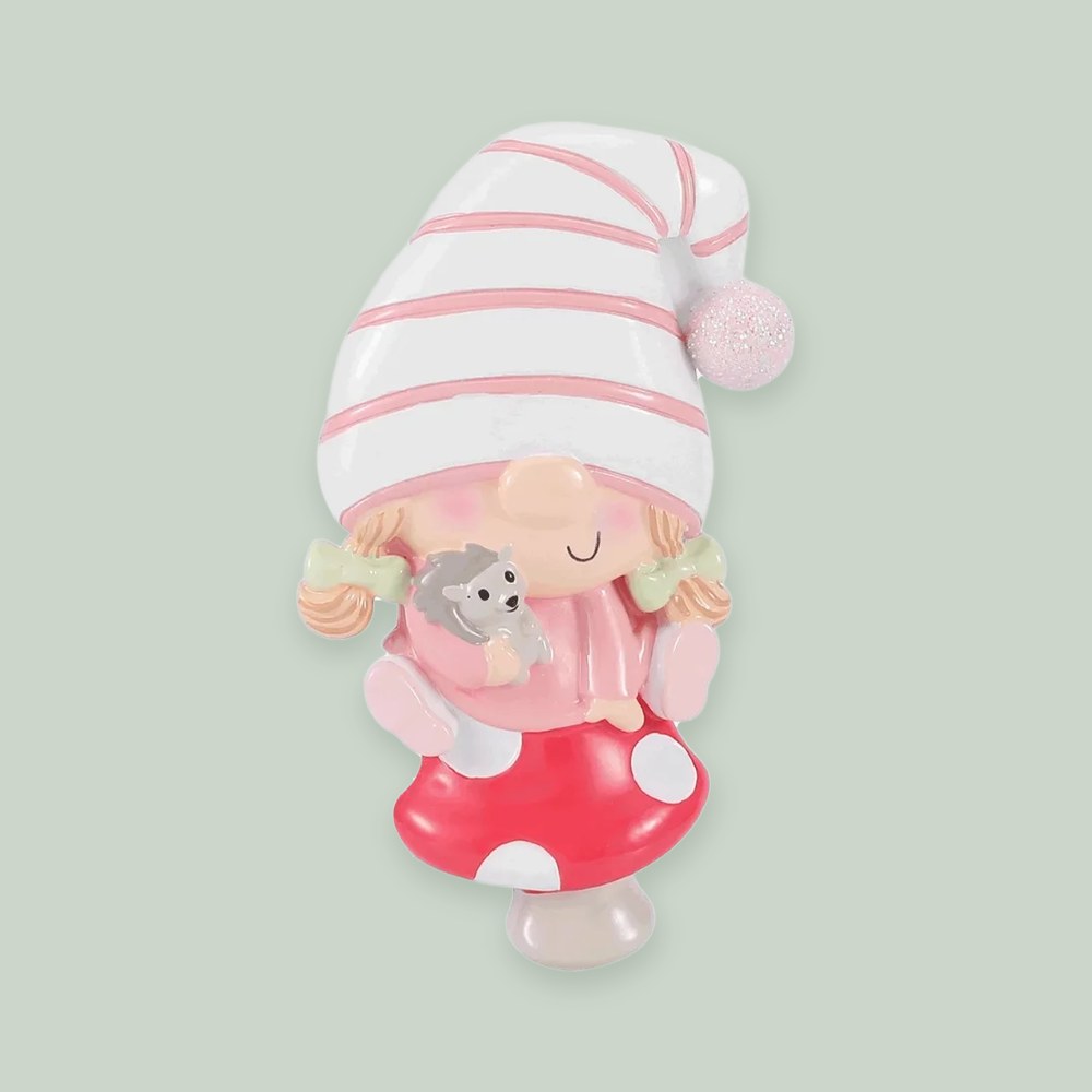 Baby Gnome – Girl ornament on a sage green background
