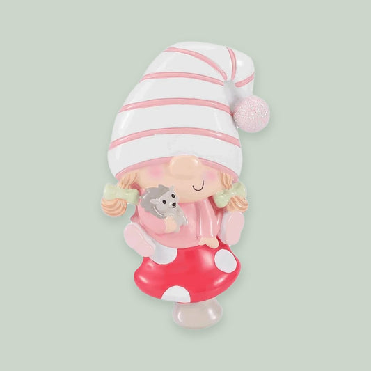 Baby Gnome – Girl ornament on a sage green background