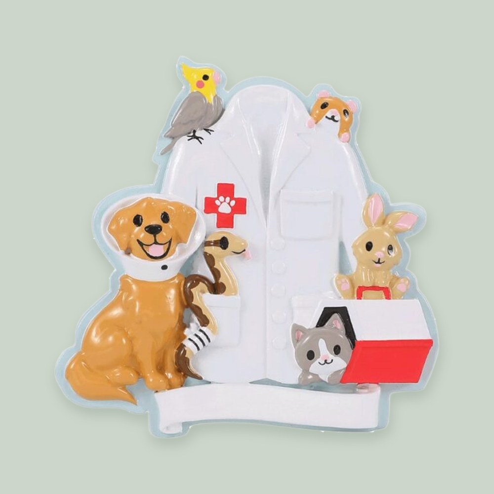 Veterinarian (Lab Coat & Pets) ornament on a sage green background
